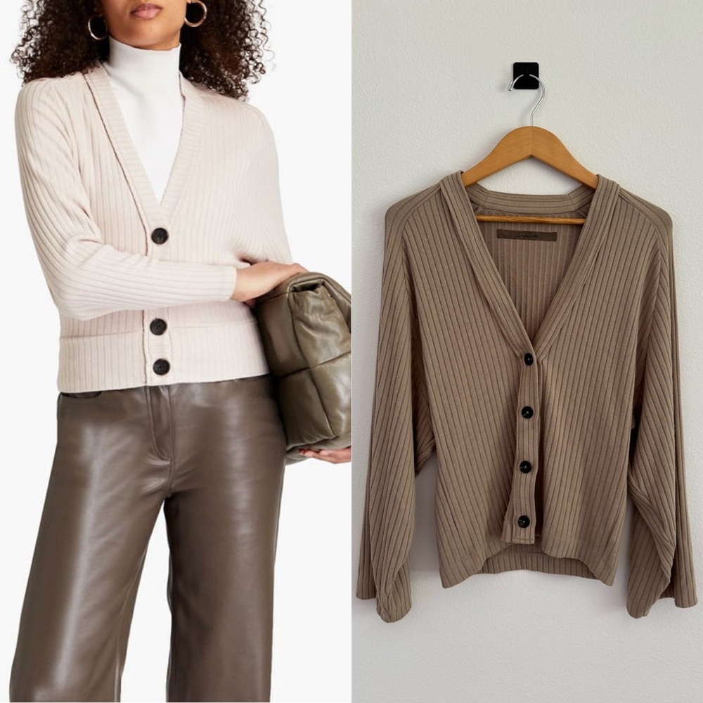 Enza Costa Button Up Ribbed Cardigan in Beige